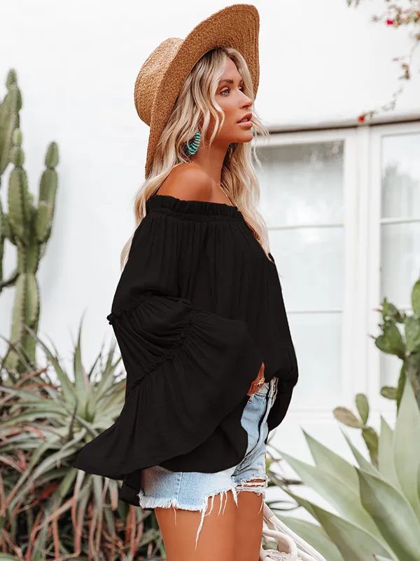 Urban Solid Color Pleated Puff Sleeves Off-The-Shoulder Blouse