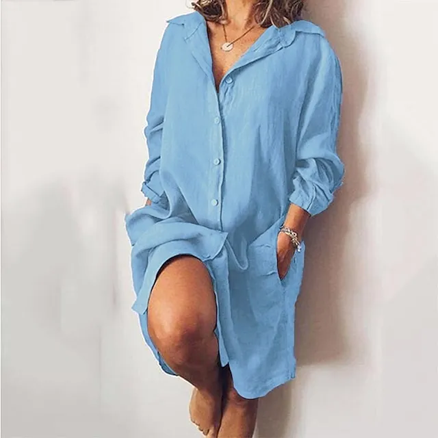 Women's Shirt Dress Casual Dress Cotton Linen Dress Midi Dress Cotton Blend Simple Basic Home Street Daily Shirt Collar Pocket Long Sleeve Summer Spring Fall 2023 Loose Fit Black White Yellow Pure