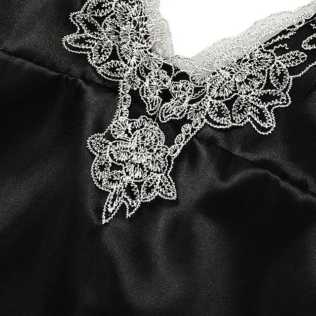 Women's Lingerie Pajama Sets 5 Pieces Satin Floral Lace Cami Top with Robe Nightgown Pants Pink Black Size XXL