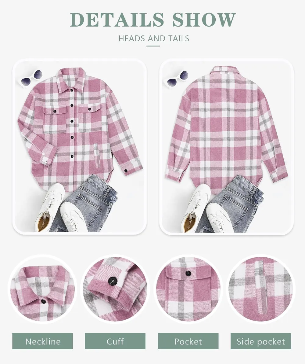 Women's Flannel Plaid Shacket Long Sleeve Button Down Chest Pocketed Shirts Jacket Coats