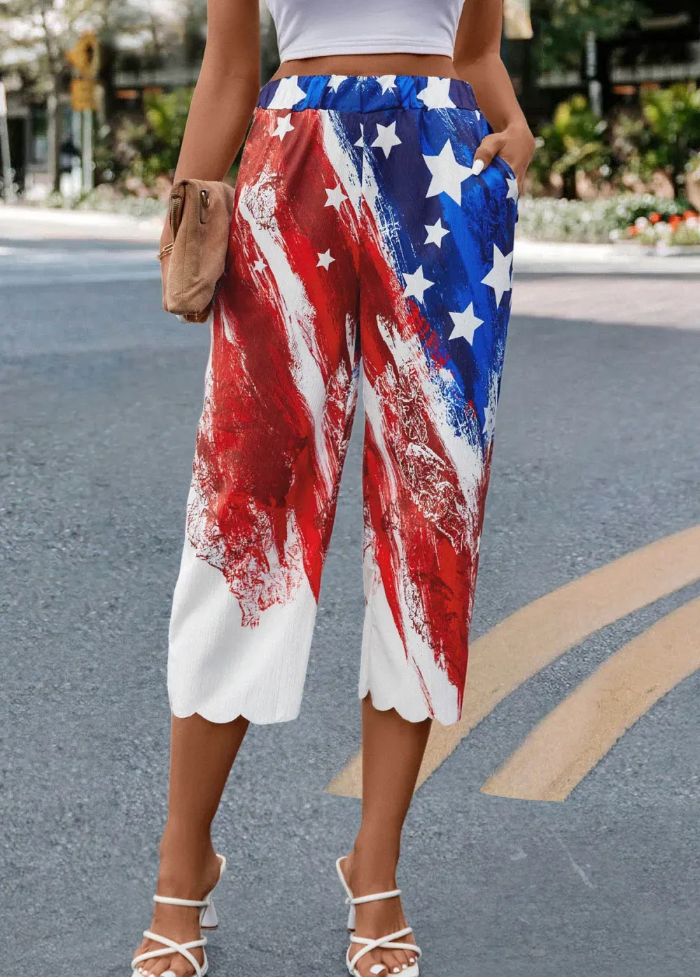 Multi Color Flag Print Elastic Waist Pants