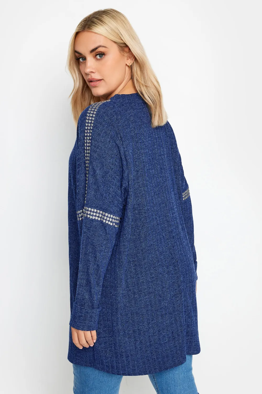YOURS Curve Blue Stud Neckline Embellished Jumper