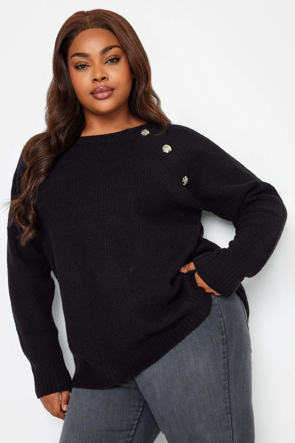 YOURS Curve Black Button Detail Knitted Jumper