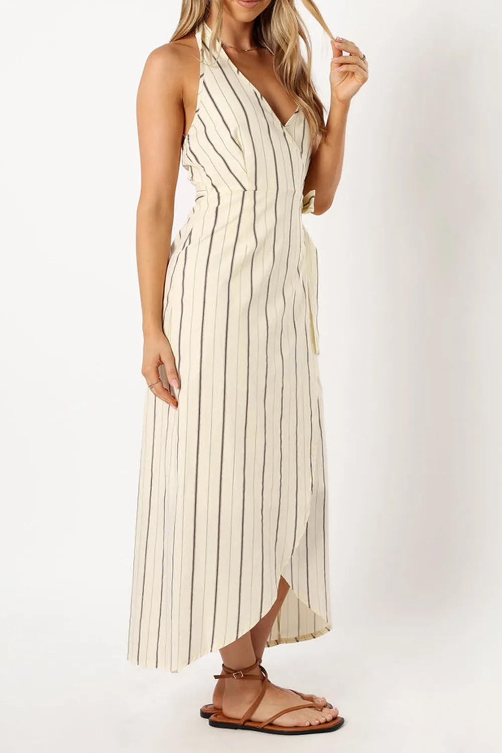 STRIPED PRINT WRAP MIDI  DRESS