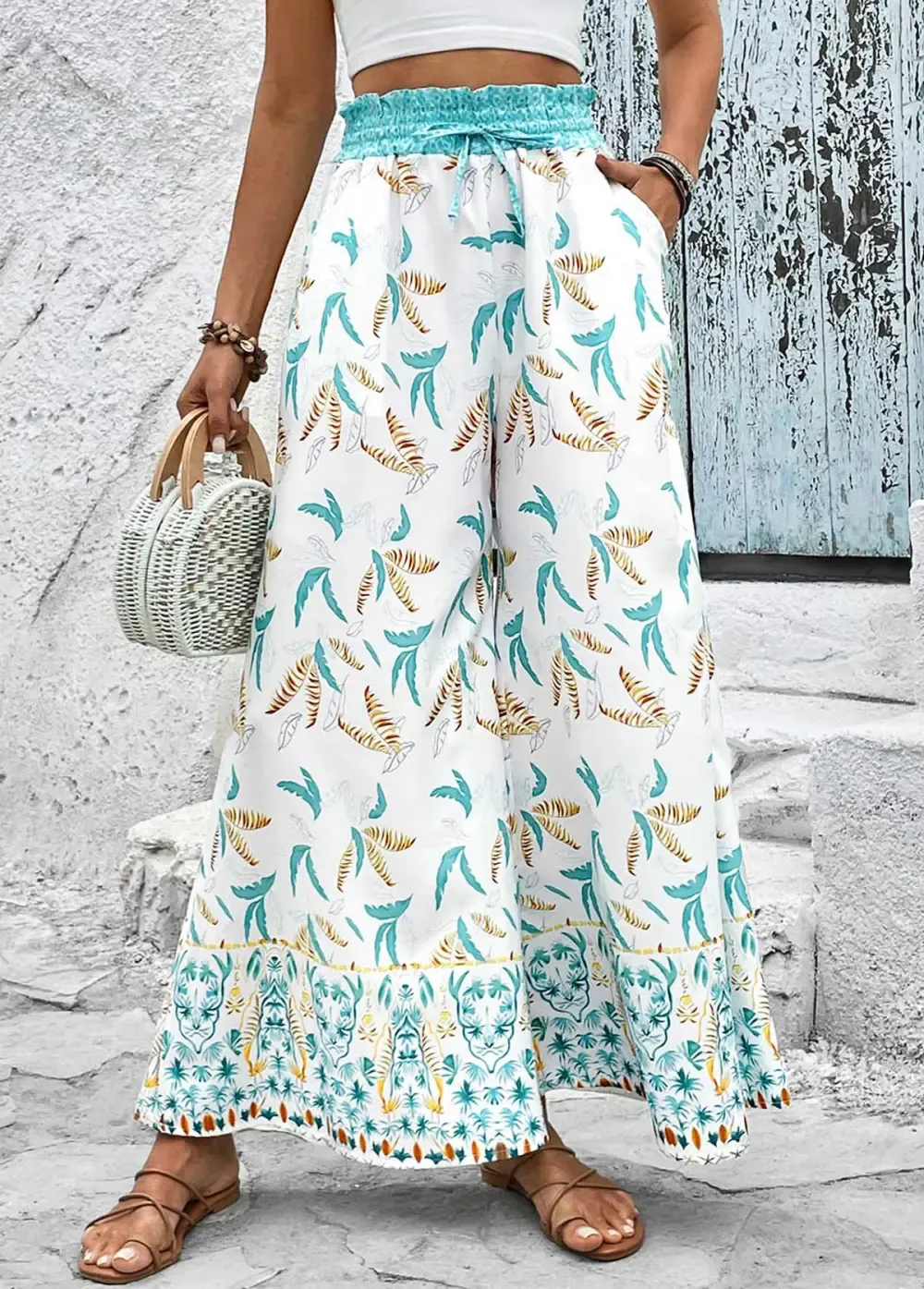 Mint Green Smocked Leaf Print Elastic Waist Pants