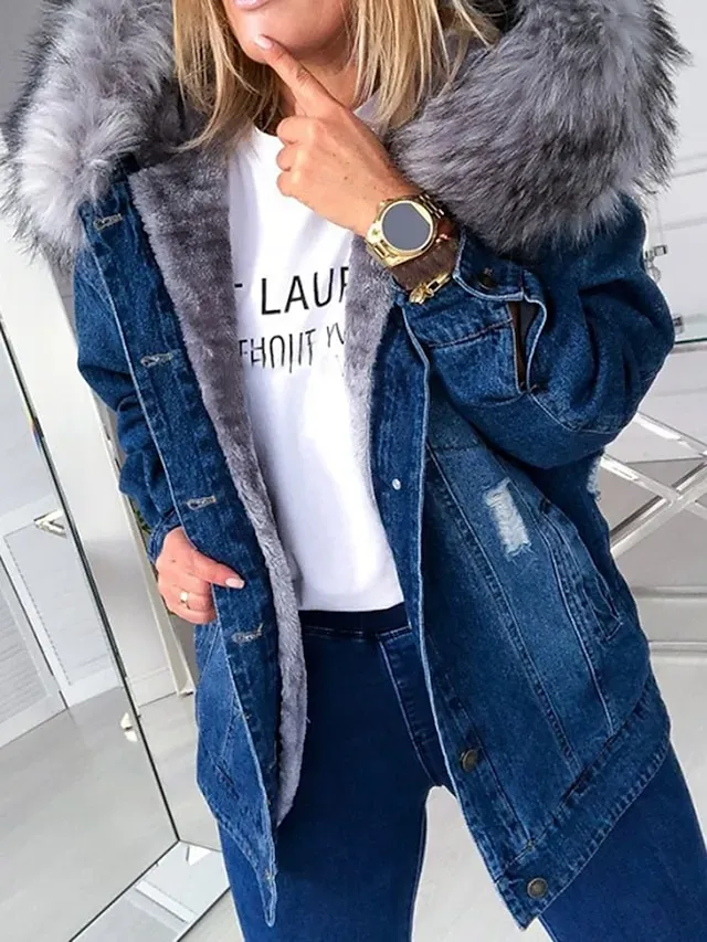 Women's Denim Jacket Hoodie Jacket Daily Fall Winter Regular Coat Loose Fit Streetwear Jacket Long Sleeve Pocket Black Blue Grey