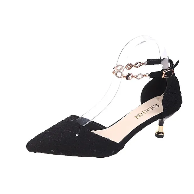 Women's Heels Sandals Heel Sandals Plus Size Ankle Strap Sandals Daily Club Summer Rhinestone Imitation Pearl Stiletto Heel Pointed Toe Elegant Sexy Satin Ankle Strap Solid Color Matte Black Black Red