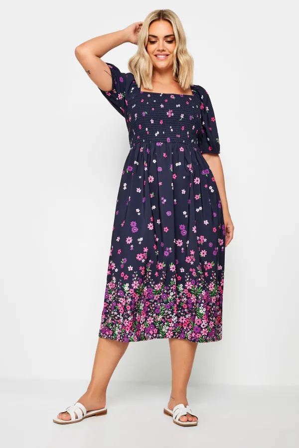 YOURS Curve Blue Floral Print Shirred Midaxi Dress