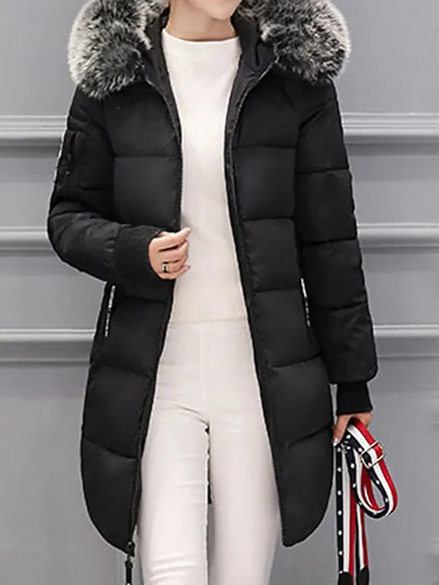 Women's Parka Long Puffer Jacket Thicken Winter Coat with Fur Collar Hood Fall Windproof Warm Overcoat with Pockets Stylish Contemporary Casual Jacket Long Sleeve Full Zip Black White Light Green
