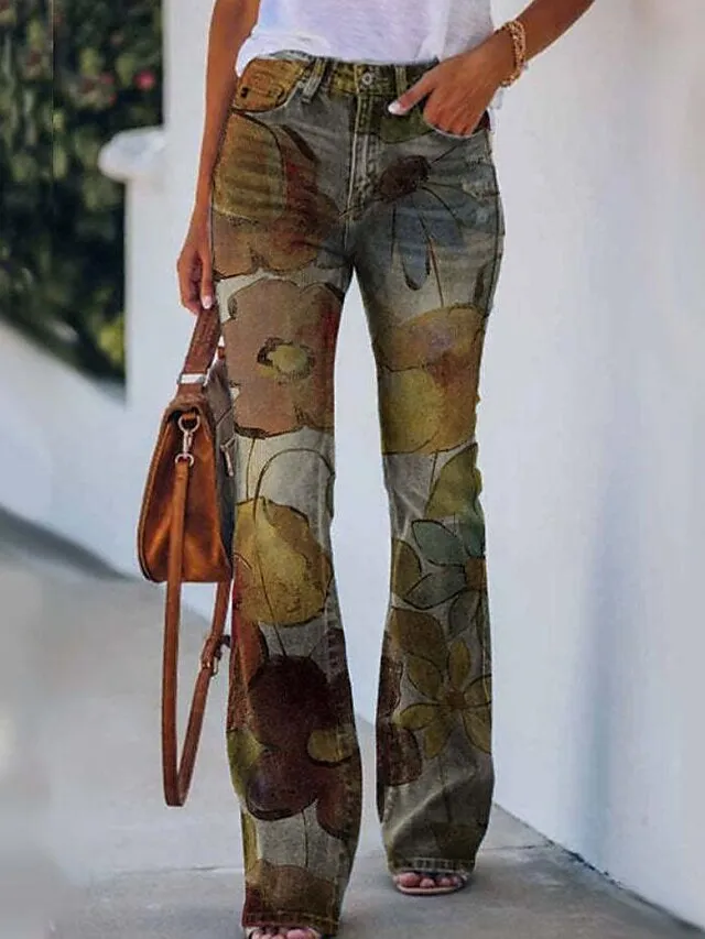Women's Jeans Bootcut Flared Pants Full Length Faux Denim Print High Elasticity High Waist Fashion Streetwear Casual Daily 1 2 S M Fall & Winter