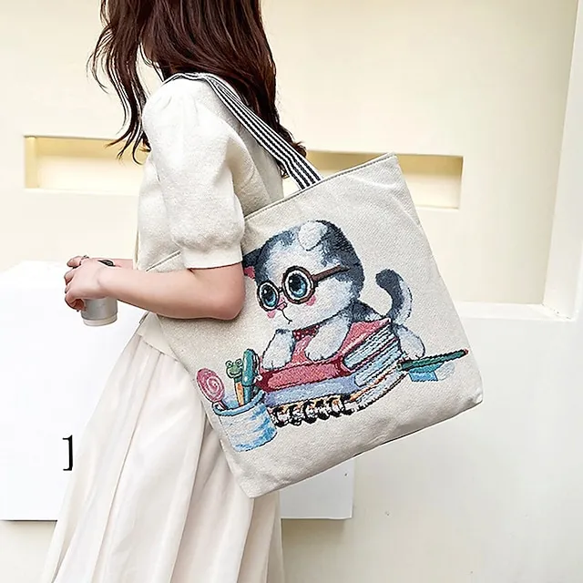 Women's Tote Shoulder Bag Canvas Tote Bag Oxford Cloth Shopping Daily Zipper Print Large Capacity Lightweight Durable Cat Flower Folk Butterfly Unicorn Black cat
