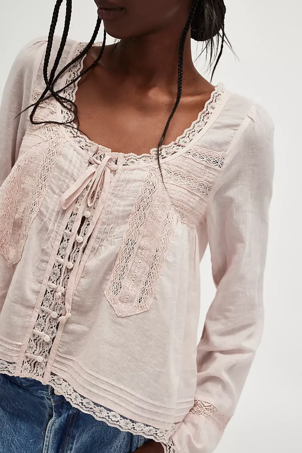 Lace Trimmed Long Sleeve Blouse