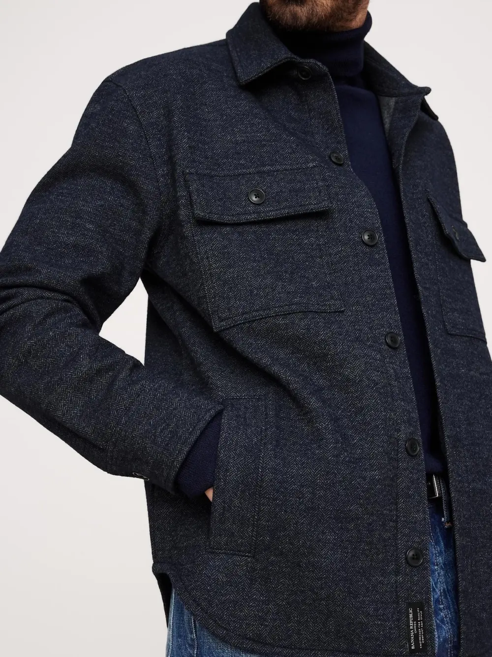 Men's Navy Blue Casual Jacquard Shirt Jacket