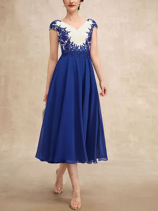 V Neck Chiffon Lace Midi Dress