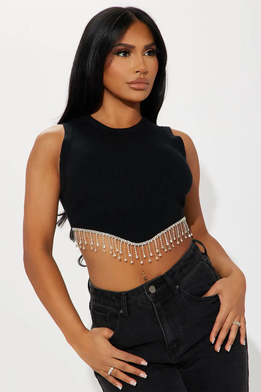 Dripping In Diamonds Rhinestone Sweater Top - Black