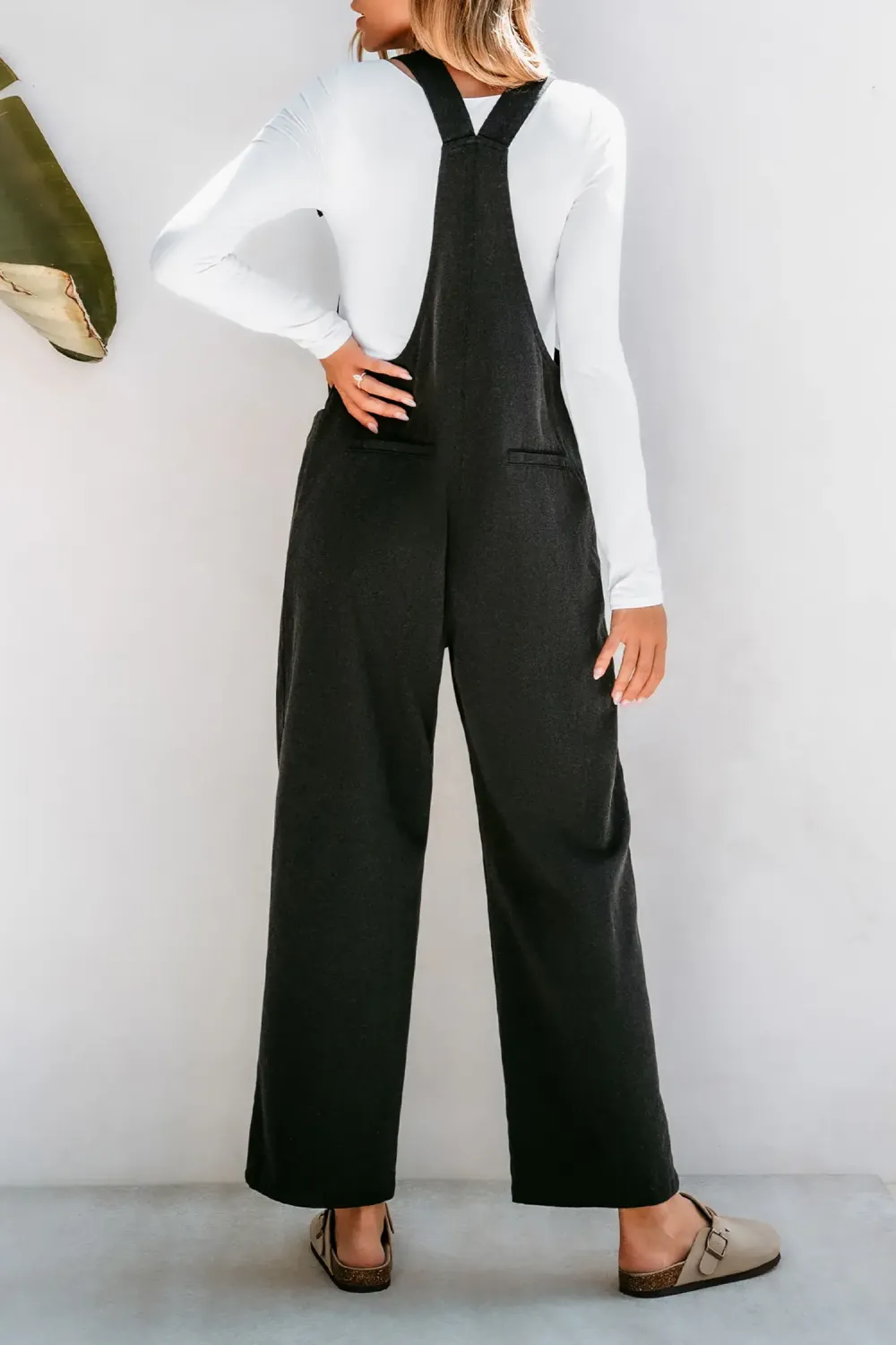 Charcoal Square Neck Knotted Strap Flared Leg Overalls