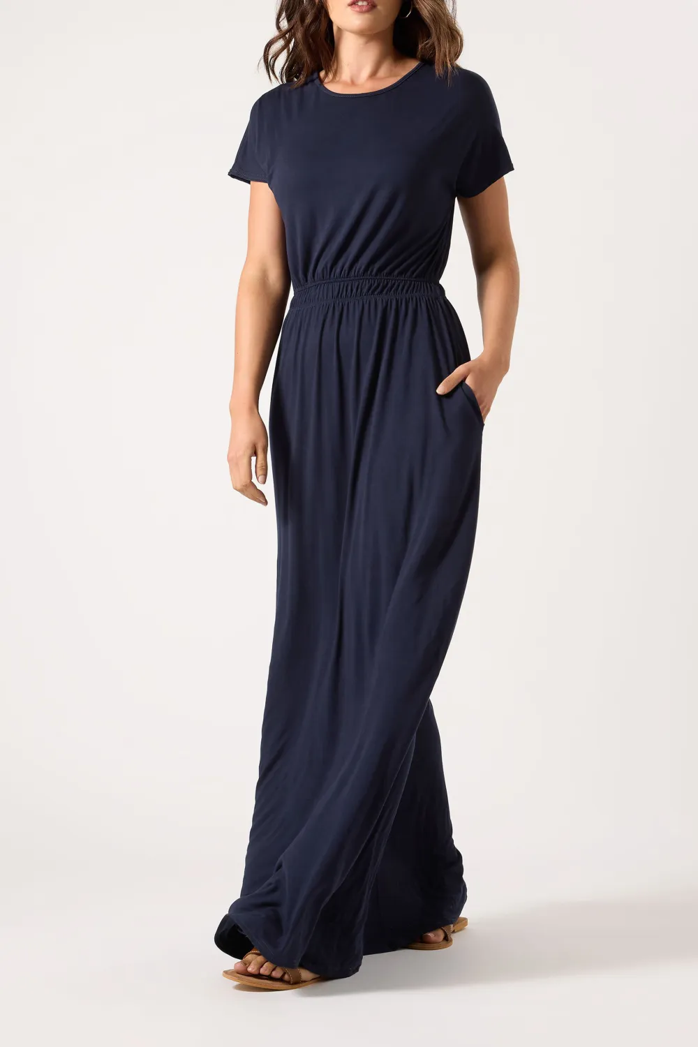 Navy Blue Shirred Waist Daily Maxi Dress