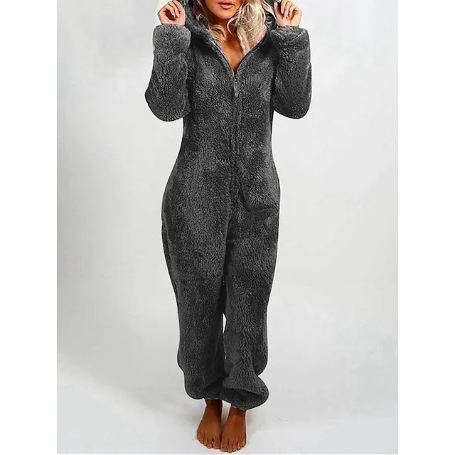 Women's Adult Onesies Onesie Pajamas Pure Color Plush Casual Comfort Home Daily Bed Polar Fleece Warm Hoodie Long Sleeve Fall Winter Light Pink claret