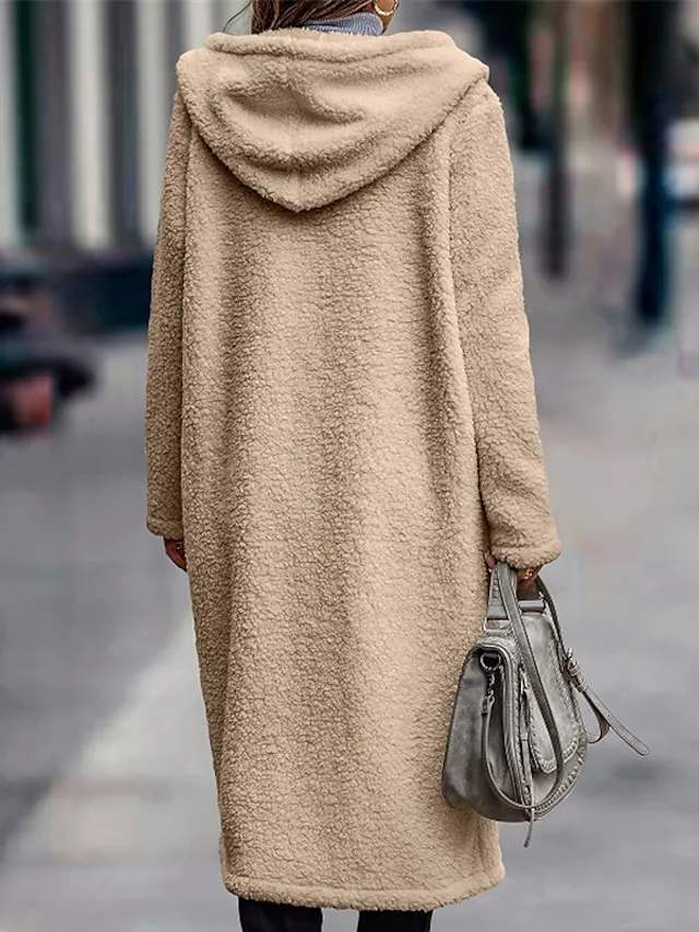 Women's Long Teddy Coat Fall Sherpa Jacket Warm Fleece Daily Going out Button Pocket Buttoned Front Hoodie Casual Solid Color Regular Fit Outerwear Long Sleeve Winter Black Brown Chocolate S M L XL
