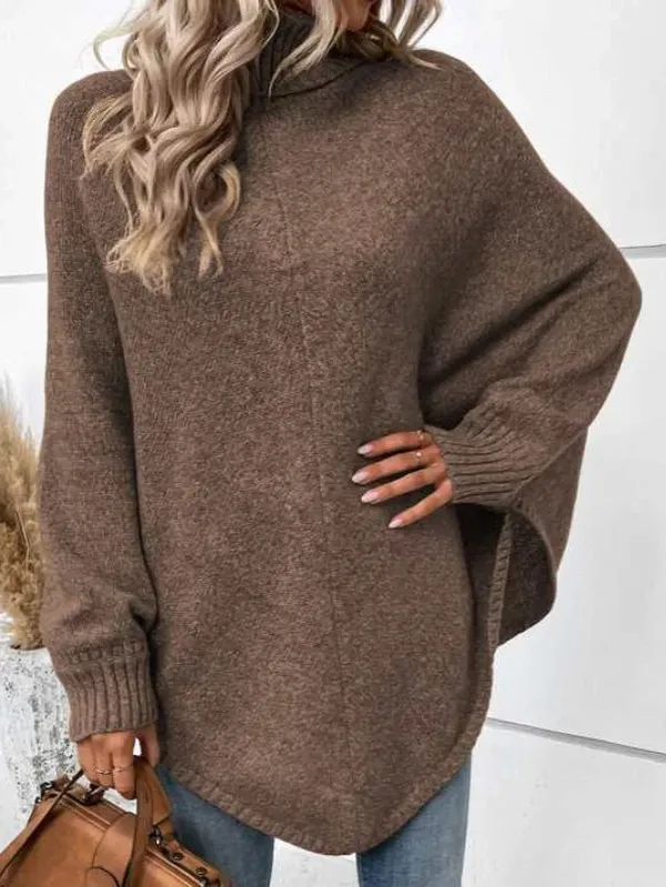 Solid Turtleneck Batwing Sleeve Sweater