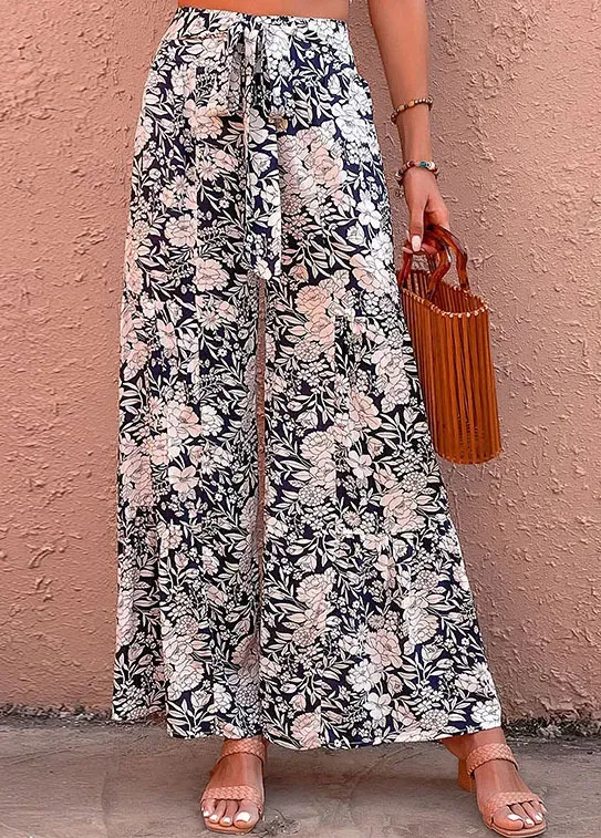 Navy Bowknot Floral Print Elastic Waist Pants