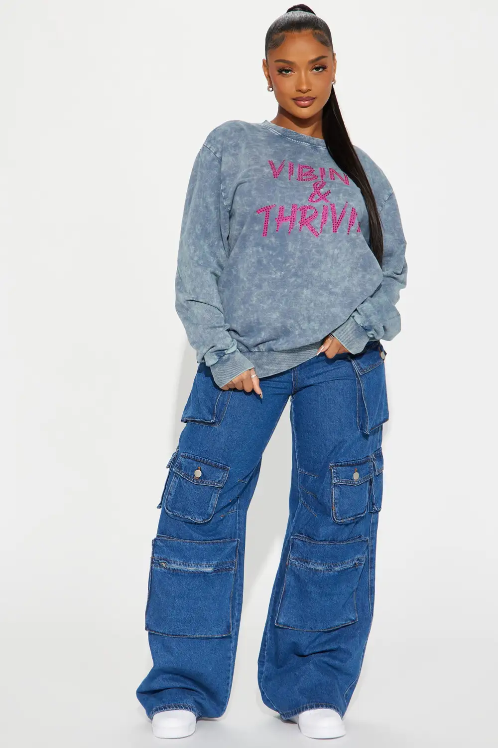 Vibin & Thrivin Washed Crew Neck Sweatshirt - Grey/combo