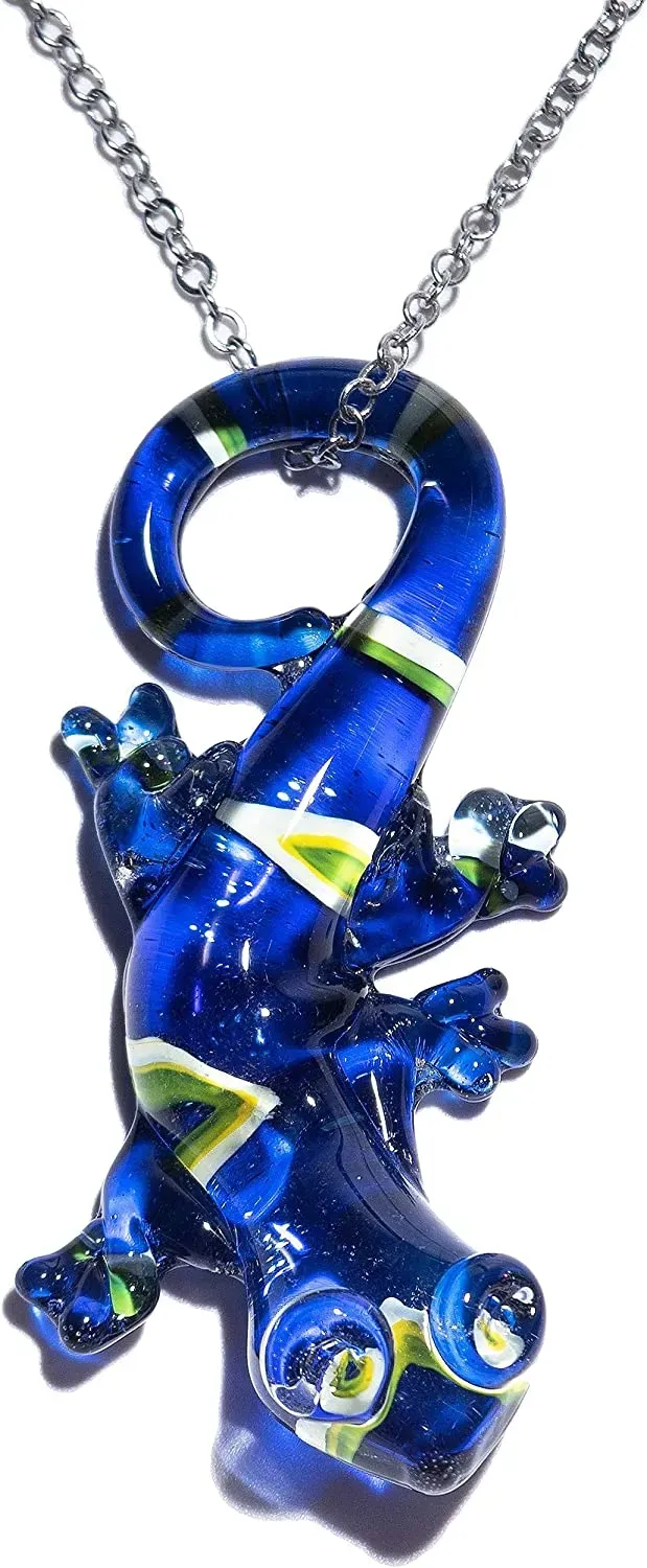Handmade Large Blue Lizard Art Glass Blown Animal Figurine Pendant Necklace Jewelry
