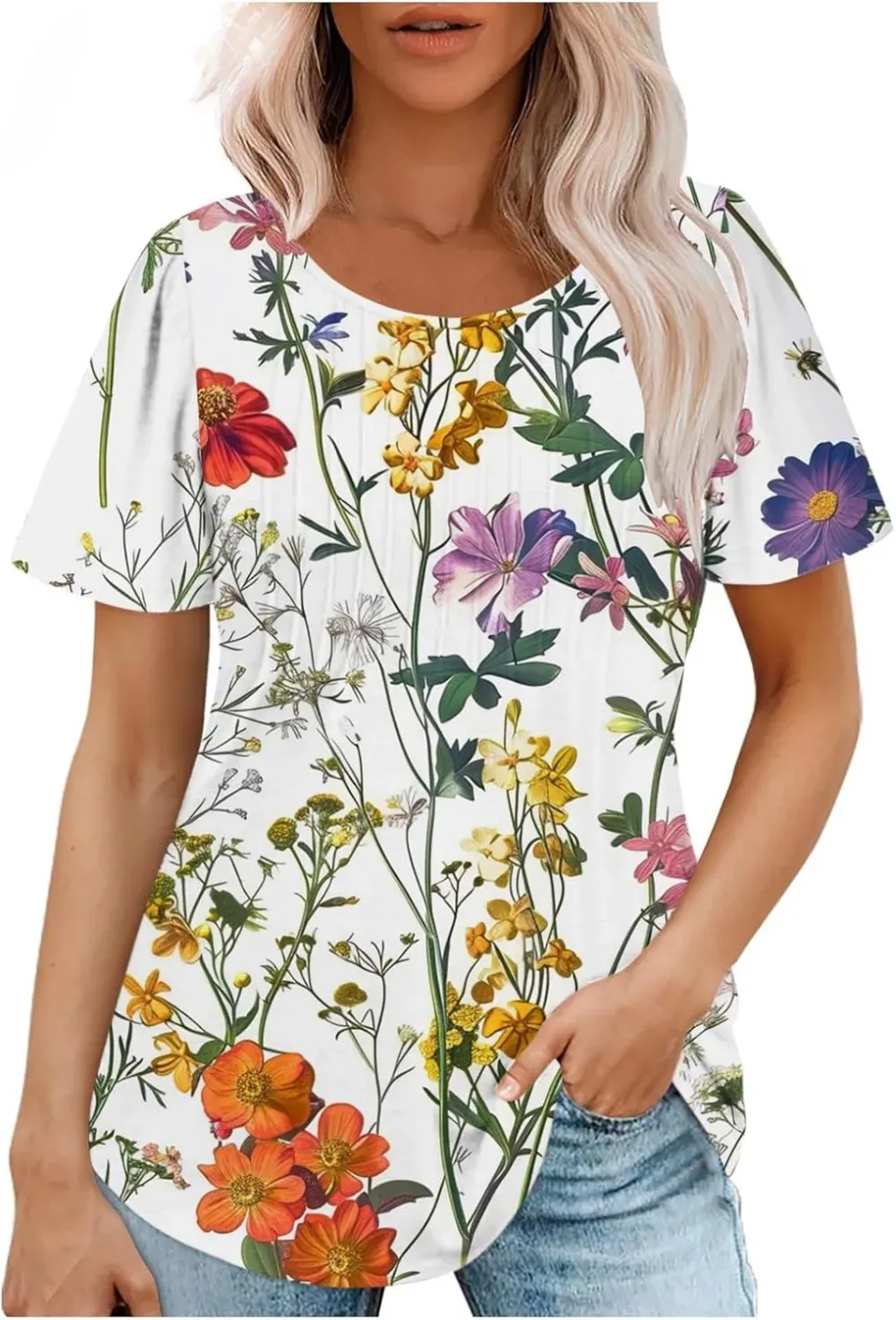 Womens Summer Pleated Front Shirts Tunics Casual Short Sleeved Loose Round Neck Boho Printed Tops Vacation Blouse