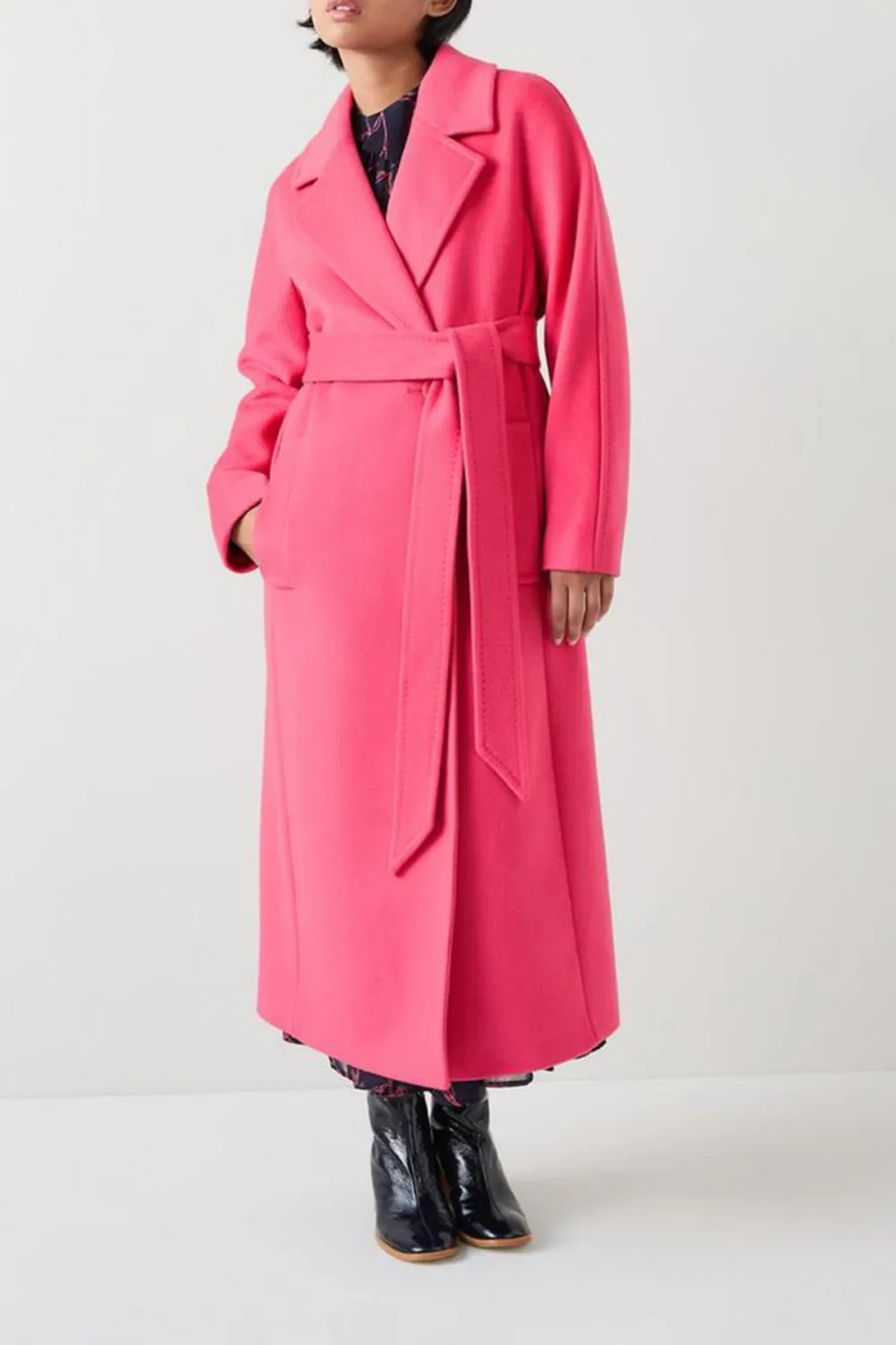 Pink Belted Long Wool Blend Coat