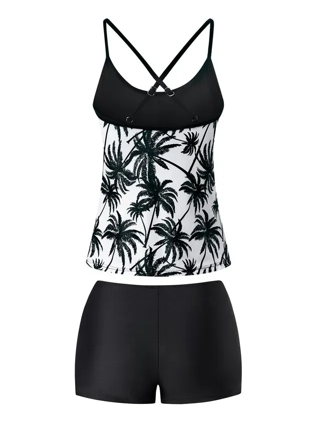 Vacation Floral Printing Scoop Neck Tankinis Two-Piece Set