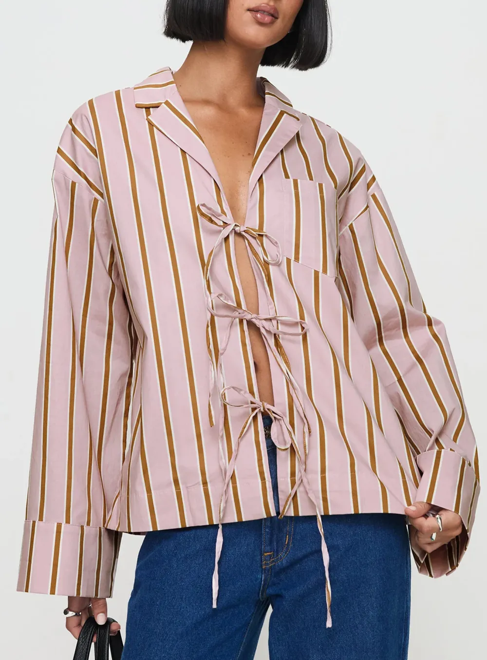 White Mandarin Collar Tie Front Shirt