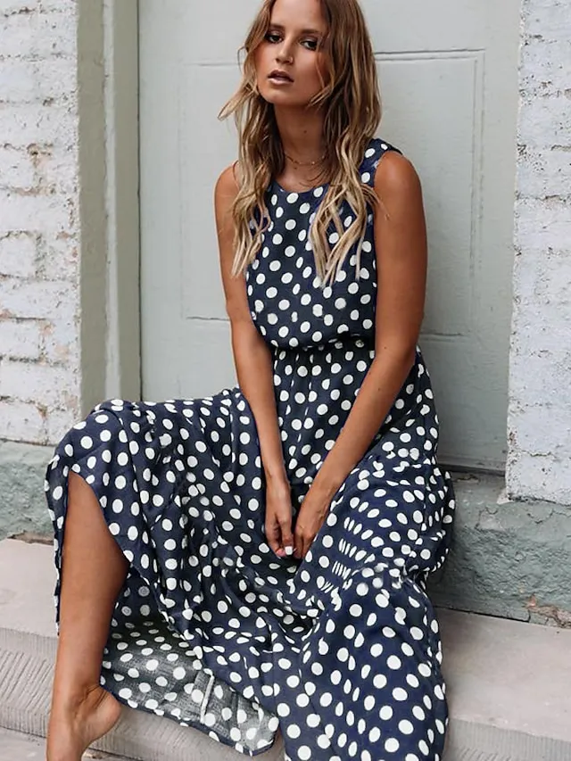 Women's Casual Dress Swing Dress Boho Dress Maxi long Dress Black Yellow Navy Blue Sleeveless Polka Dot Ruched Summer Spring Fall Crew Neck Fashion Birthday Vacation Summer Dress 2023 S M L XL XXL