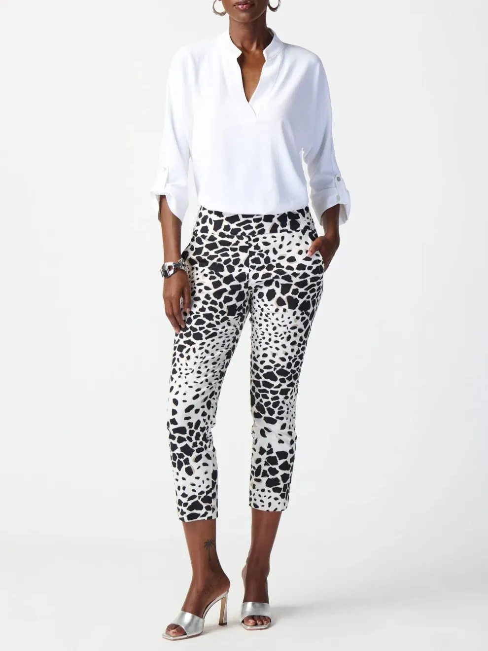 White V - Neck Roll - Sleeve Blouse