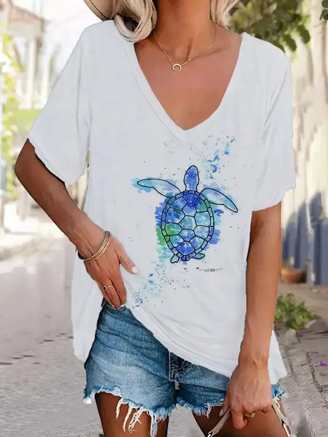 Turtle Print Casual Short Sleeve T-Shirt
