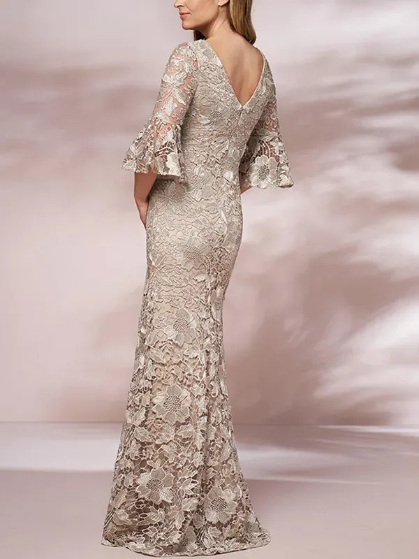 V-neck lace solid color long dress