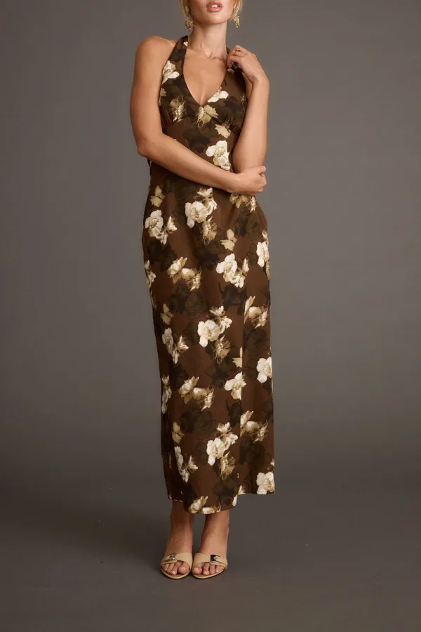 Brown Floral Halter Maxi Dress
