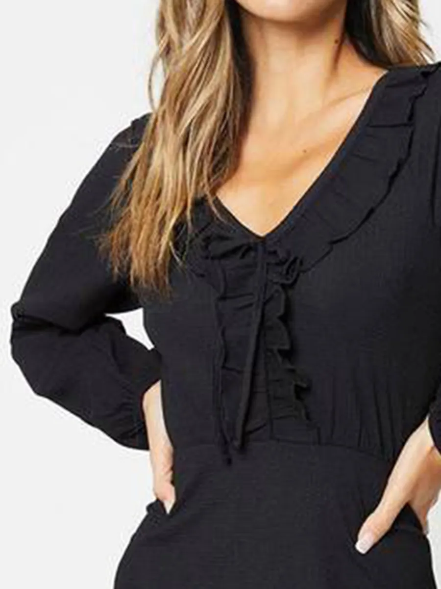 Ruffled V-Neck Long Sleeve Mini Dress