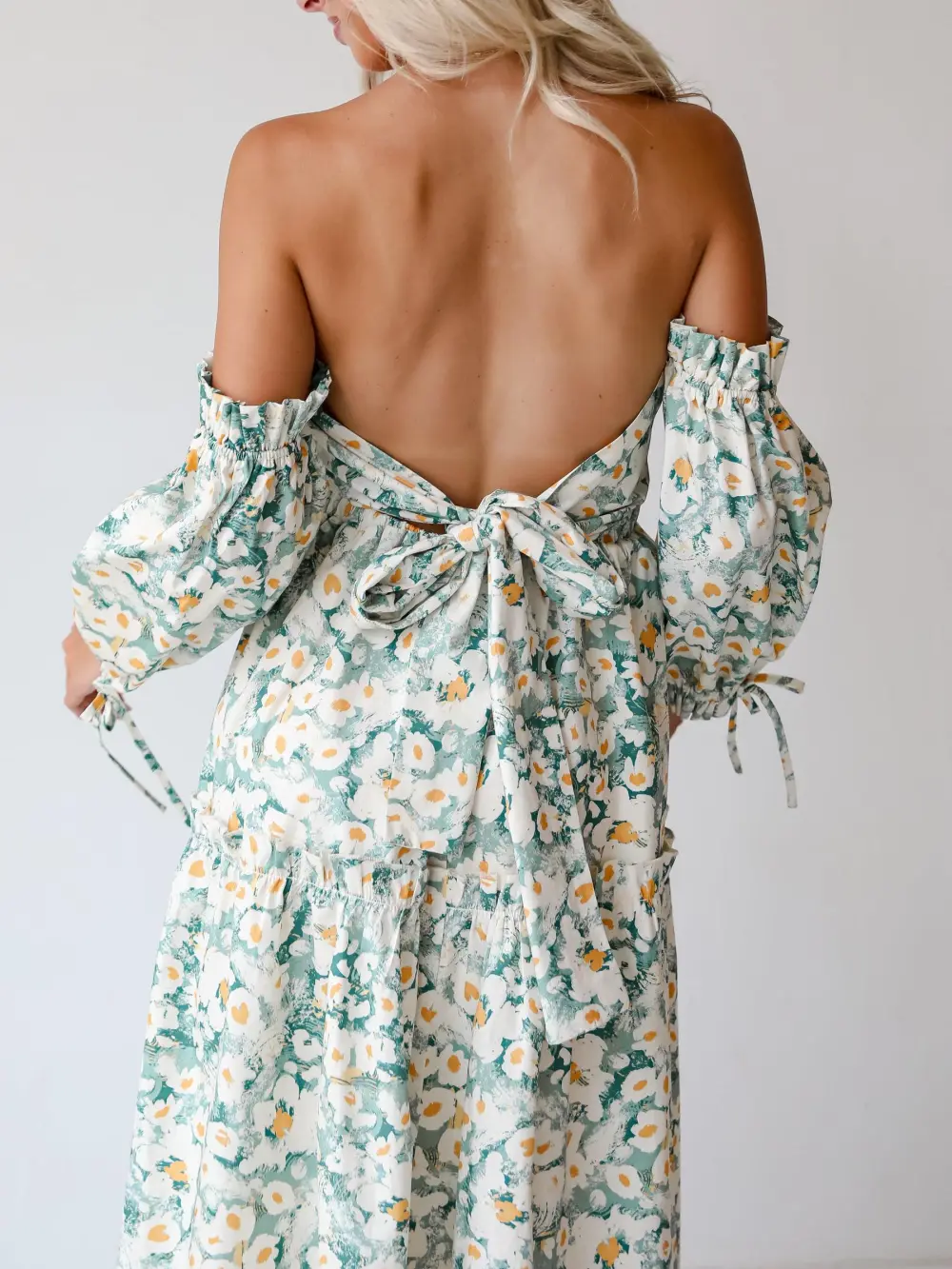 Delightful Aspect Sage Floral Off-The-Shoulder Midi Dress