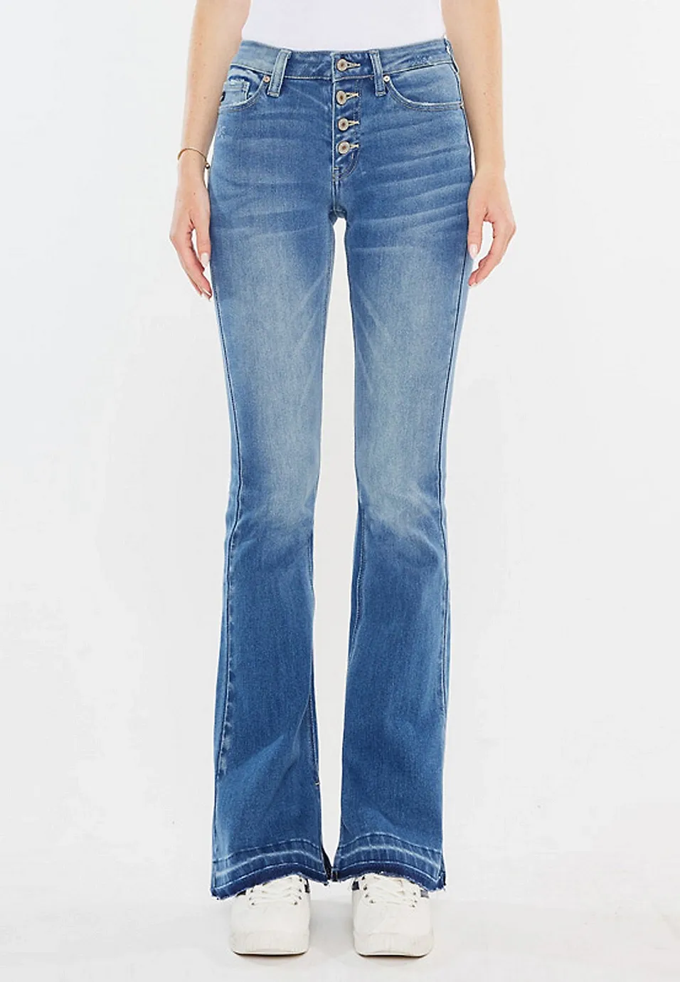 Mid Rise Buttonfly Split Hem Flare Jean