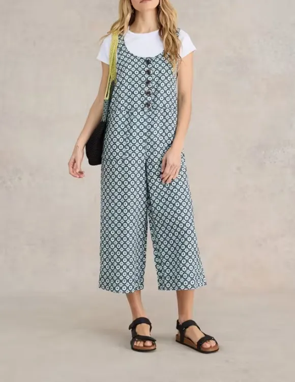 Crop Linen Dungaree In Green Print