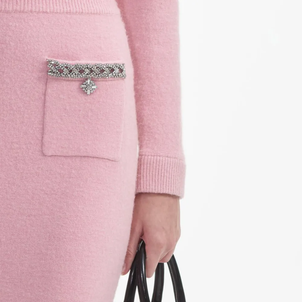 Pink Embellished Knit Midi Skirt