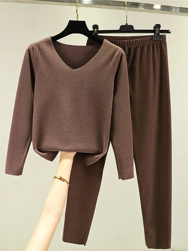 Women's Thermal Underwear Suit Pajama SetsThermal Set Pure Color Fashion Casual Soft Home Daily Bed Polyester Breathable V Wire Long Sleeve T shirt Tee Pant Fall Winter Light Pink Black