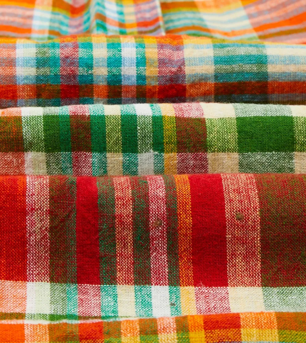 Red and Green Madras Check Cotton-Linen Two-Pocket Work Shirt Casual Style