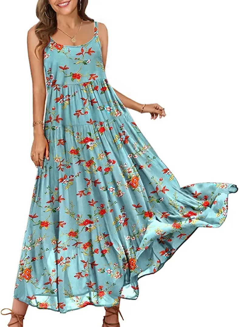 Summer Dresses for Women Casual Loose Bohemian Floral Dress with Pockets Spaghetti Strap Maxi Dress E75