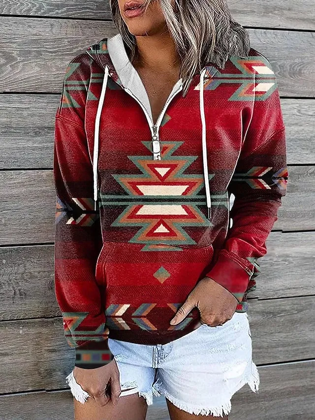 Women's Hoodie Sweatshirt Pullover Vintage Sports Basic Zipper Drawstring Front Pocket Light Yellow Creamy-white smoke grey Geometric Tribal Aztecs Street Casual Hoodie Long Sleeve Top Micro-elastic