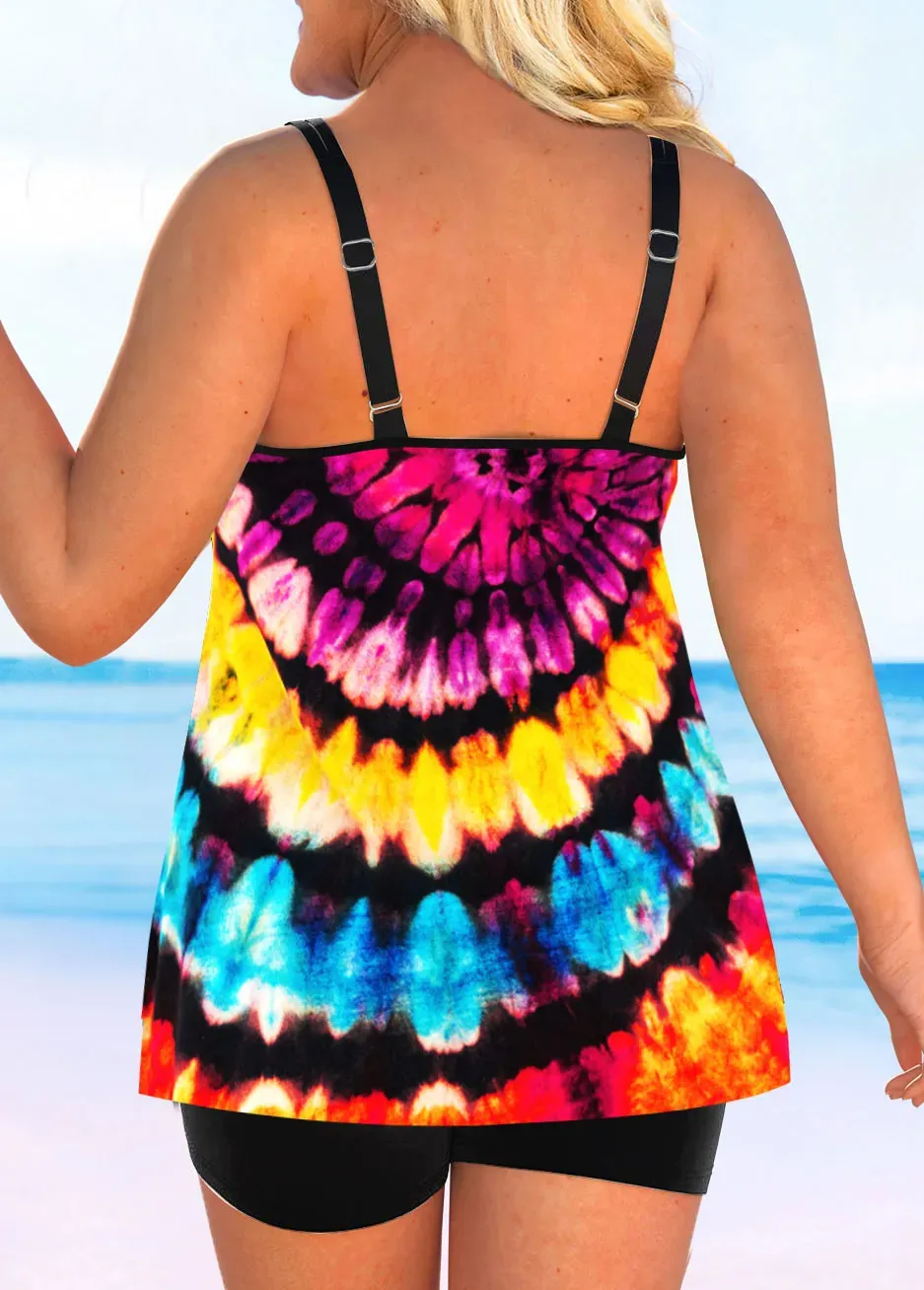 Metal Ring Leaf Print Coral Red Tankini Top