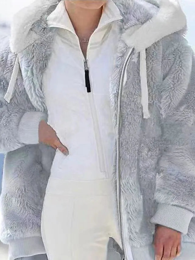 Women's Zip Hoodie Sweatshirt Fleece Jacket Pullover Sherpa Fleece Teddy Zipper Green Blue Purple Plain Round Neck Long Sleeve S M L XL 2XL 3XL / Winter / Fleece lined