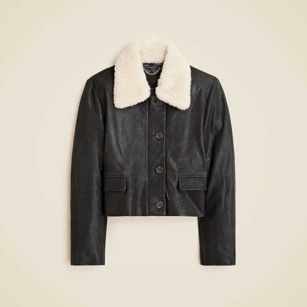 cropped leather car coat with sherpa collar