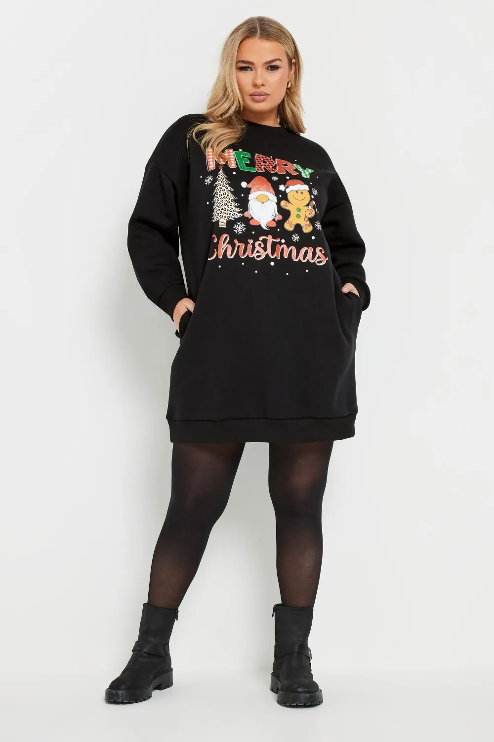 YOURS Curve Black 'Merry Christmas' Teddy Bear Sweatshirt Dress