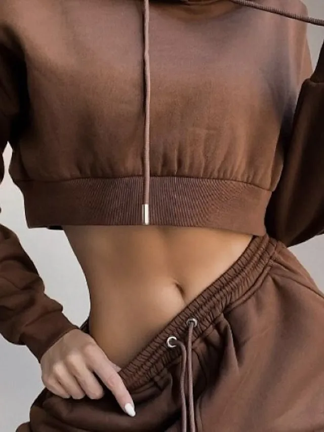 Women's Crop Top Hoodie Tracksuit Pants Sets Solid Color Black White Brown Patchwork Drawstring Long Sleeve Causal Sportswear Hooded Regular Fit Fall & Winter